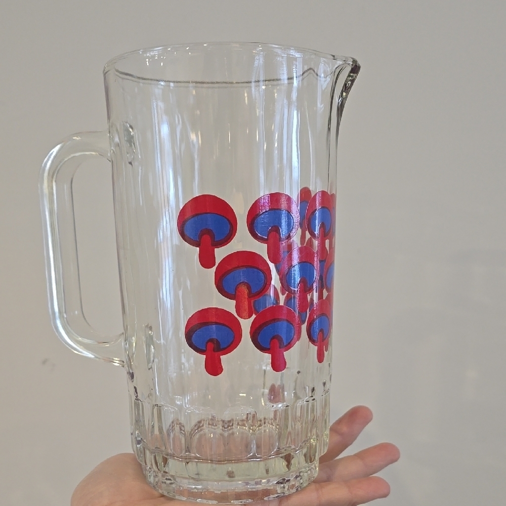 Vintage 70's Glass Mushroom Pitcher with Red and Blue Design